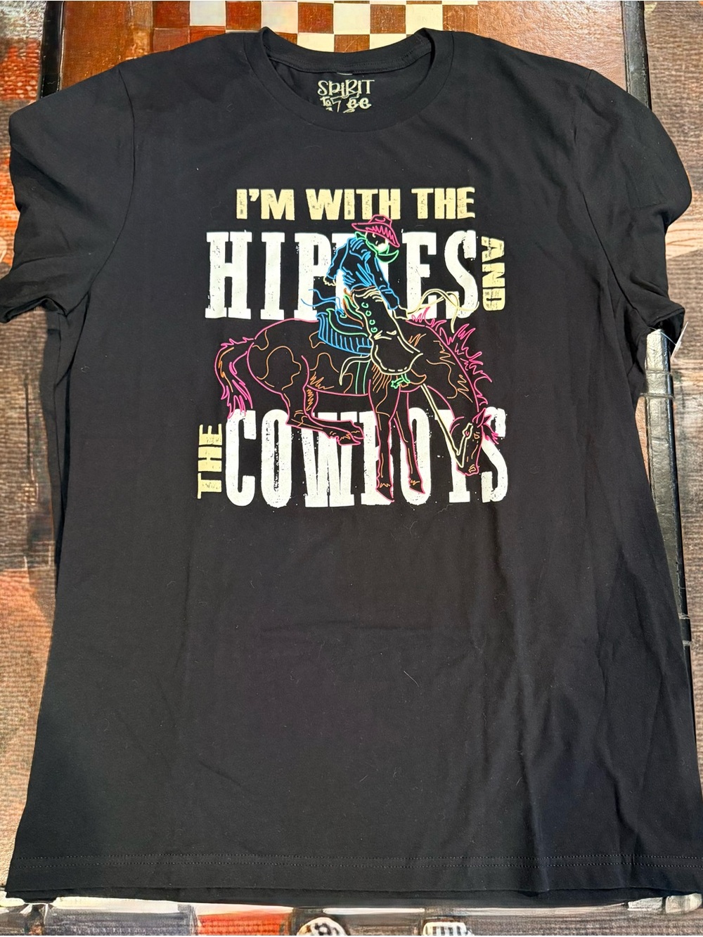 Spirit Black Short Sleeve Tee with Multicolor Cowboy Graphic